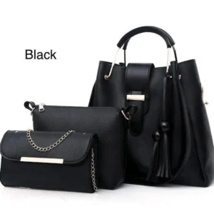 Stylish Girl's Leather Hand Bag Set - 3 Pcs in Elegant Black